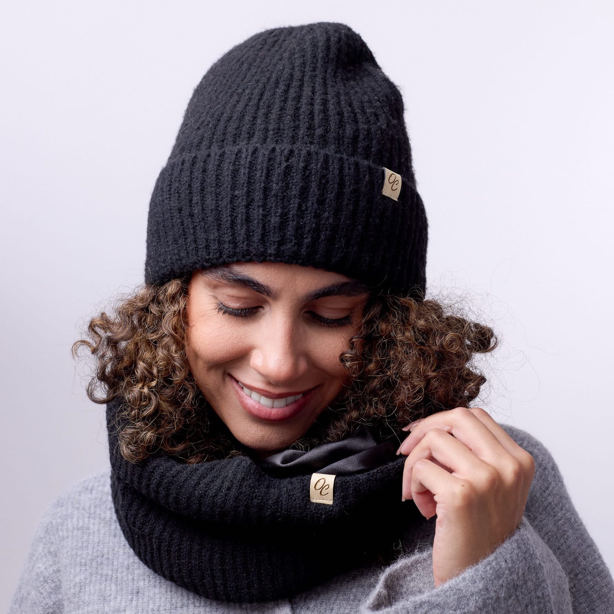 Only Curls Satin Lined Beanie and Snood Set - Sophia in Black - Only Curls