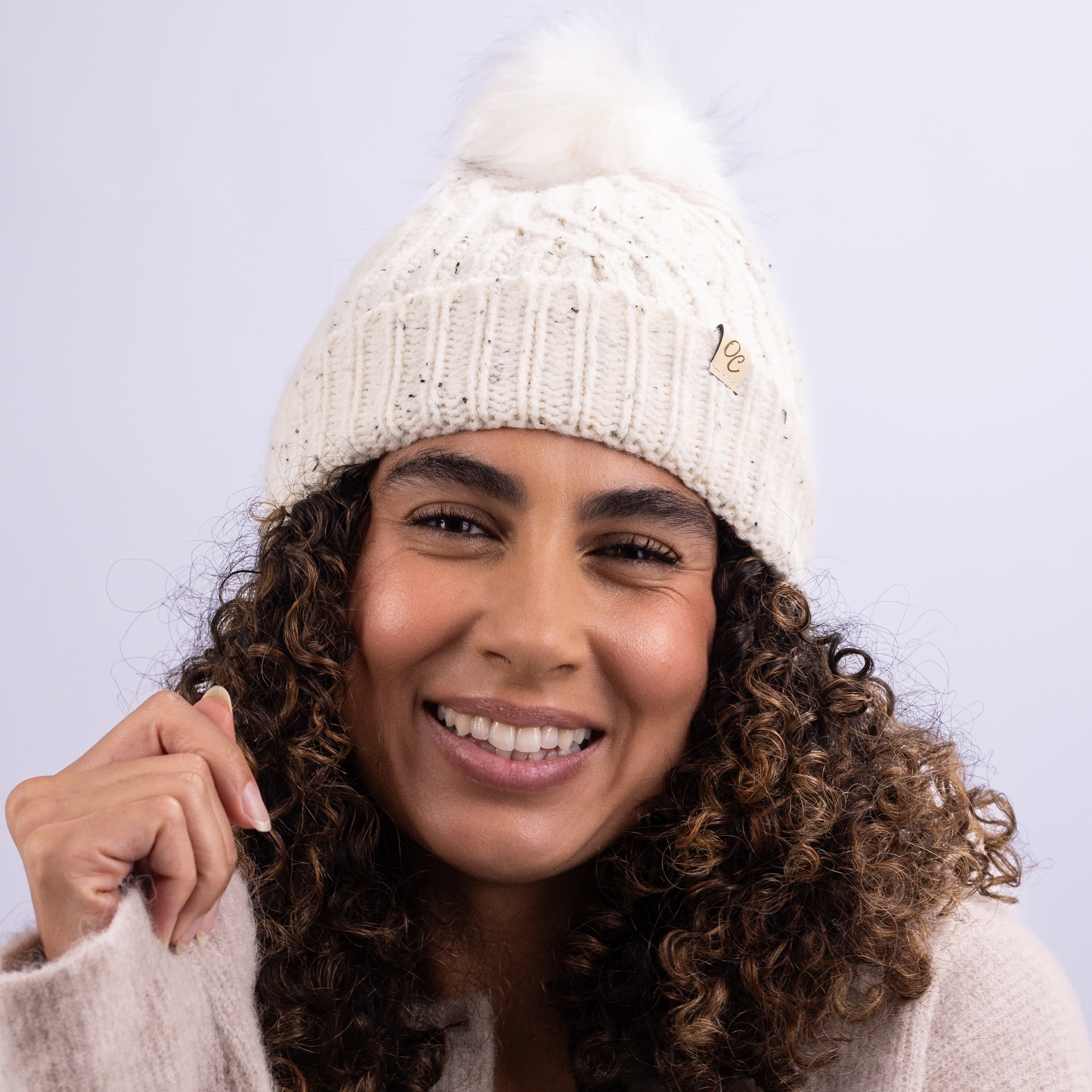 Only Curls Satin Lined Knitted Beanie Hat - Cream Fleck with Pom Pom