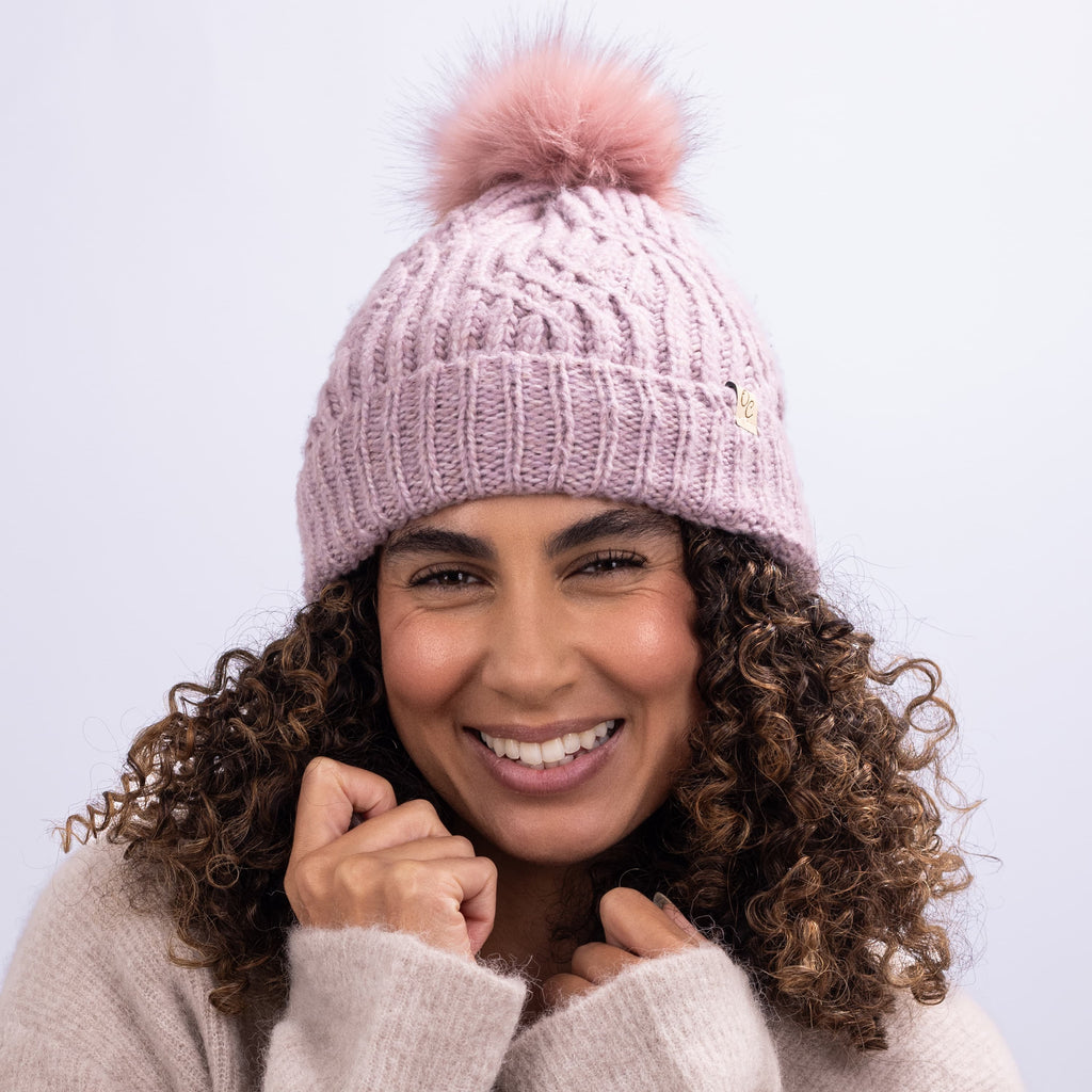 Only Curls Satin Lined Knitted Beanie Hat - Dusty Pink with Pom Pom
