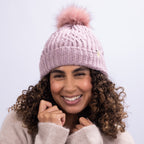 Only Curls Satin Lined Knitted Beanie Hat - Dusty Pink with Pom Pom