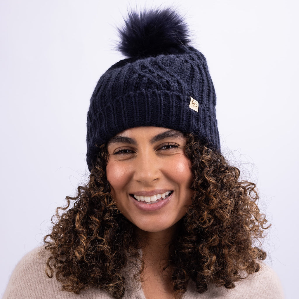 Only Curls Satin Lined Knitted Beanie Hat - Navy with Pom Pom