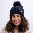 Only Curls Satin Lined Knitted Beanie Hat - Navy with Pom Pom