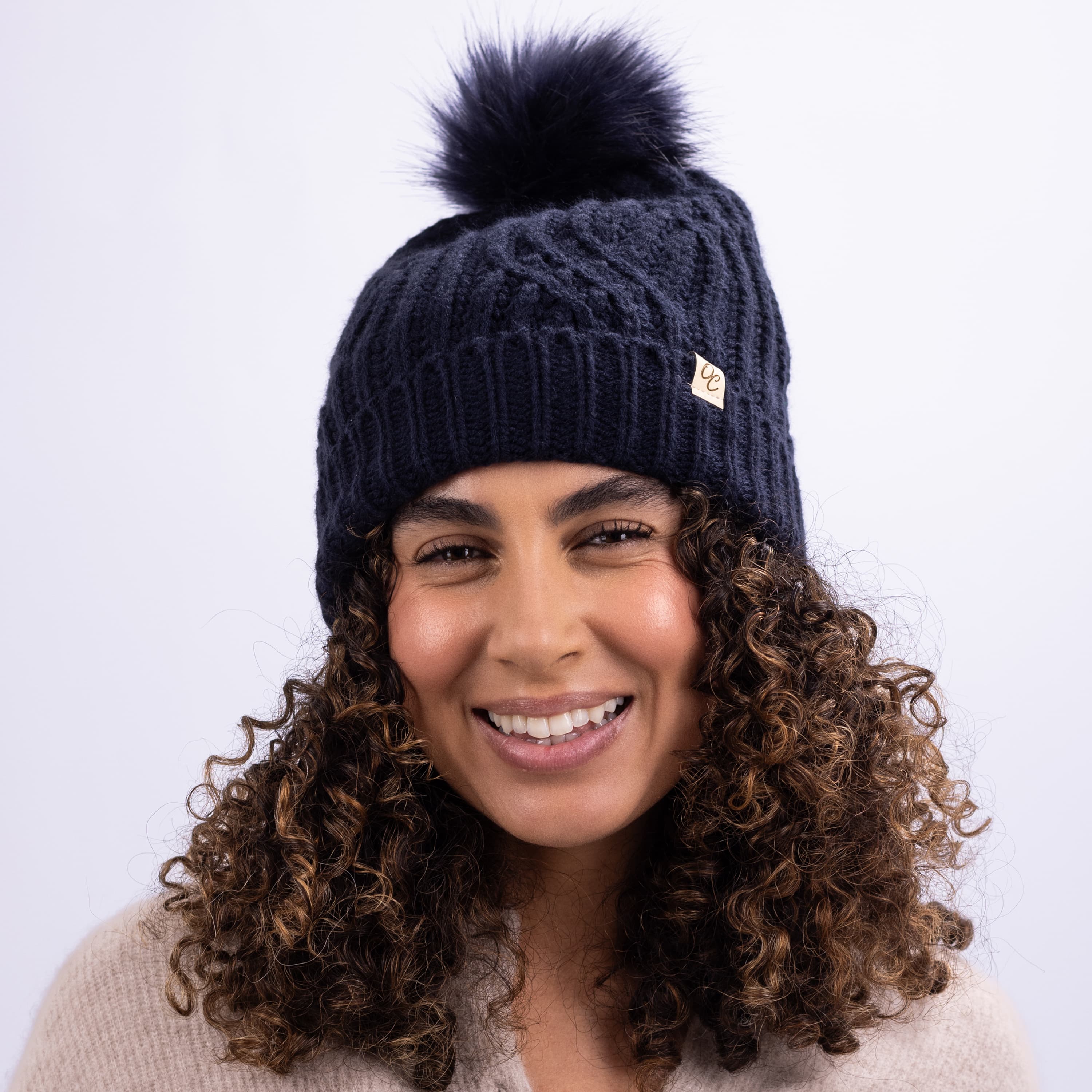 Only Curls Satin Lined Knitted Beanie Hat - Navy with Pom Pom