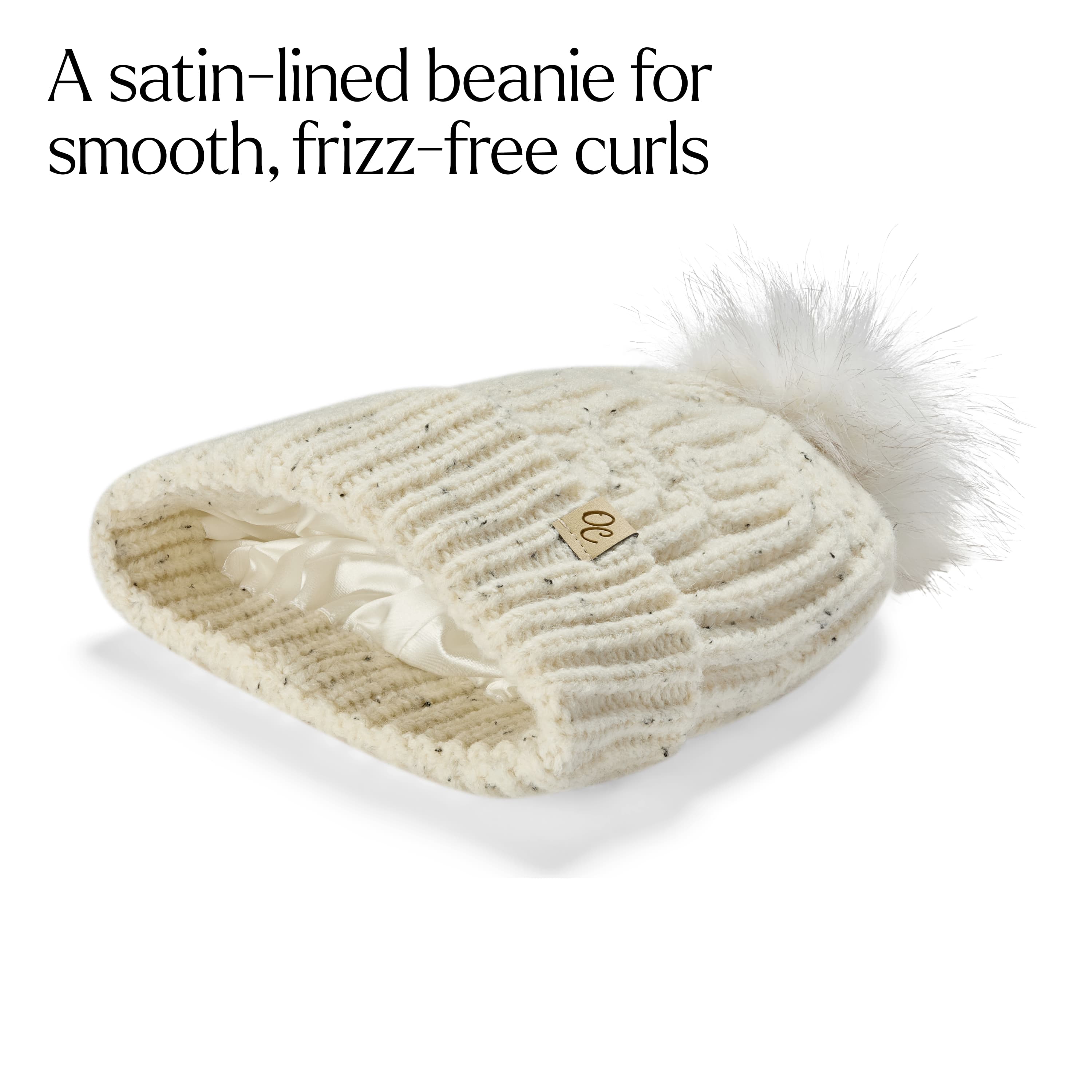 Only Curls Satin Lined Knitted Beanie Hat - Cream Fleck with Pom Pom