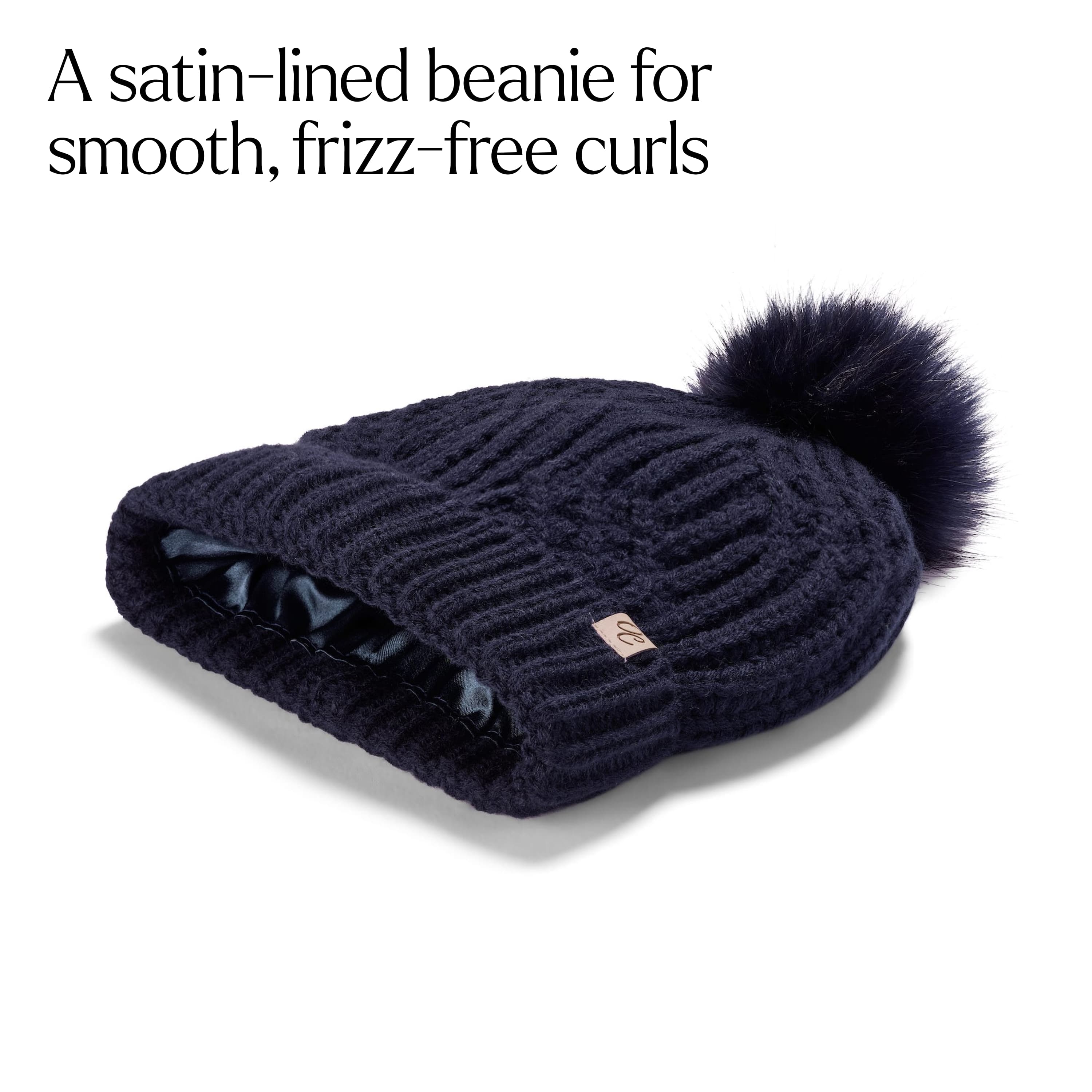 Only Curls Satin Lined Knitted Beanie Hat - Navy with Pom Pom