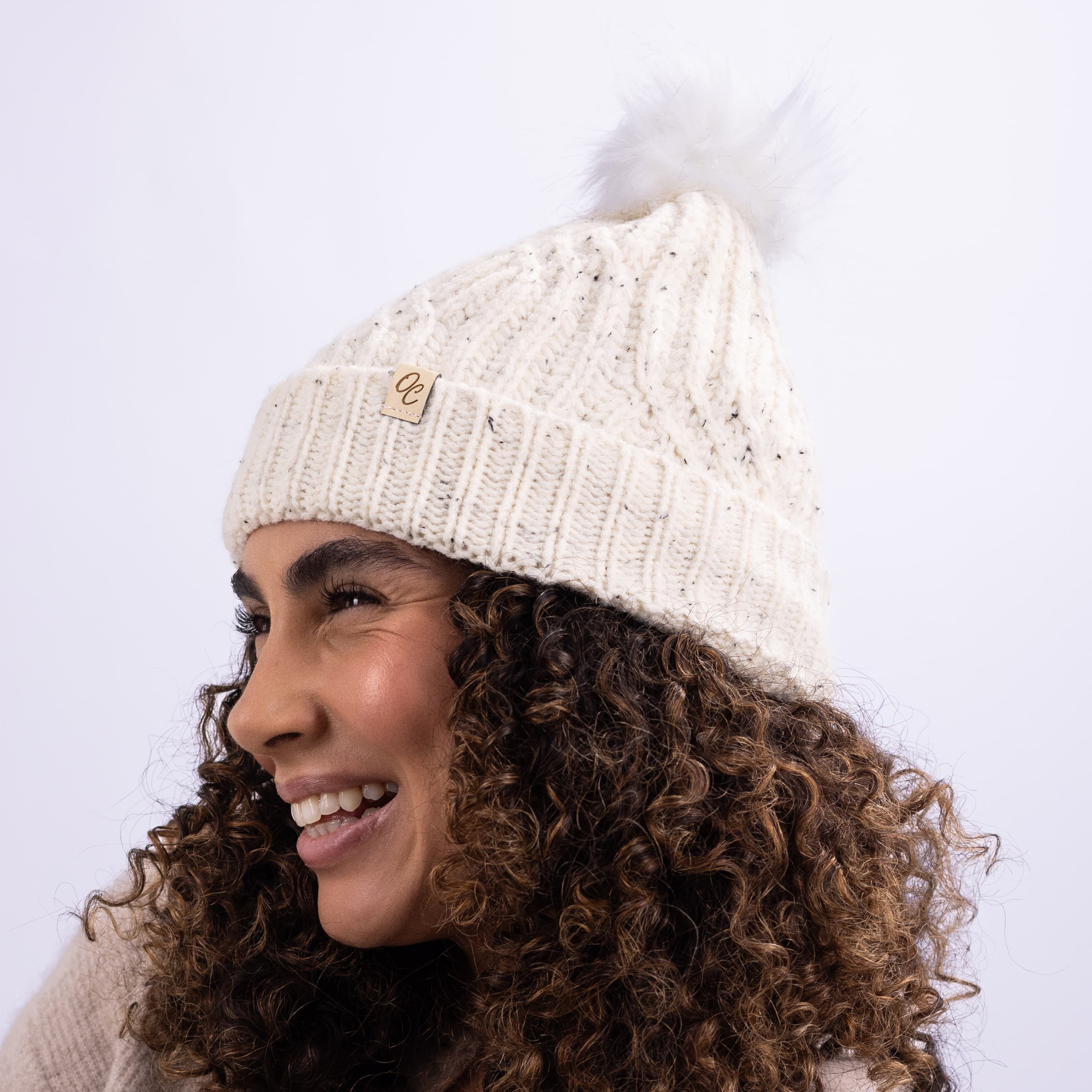 Only Curls Satin Lined Knitted Beanie Hat - Cream Fleck with Pom Pom