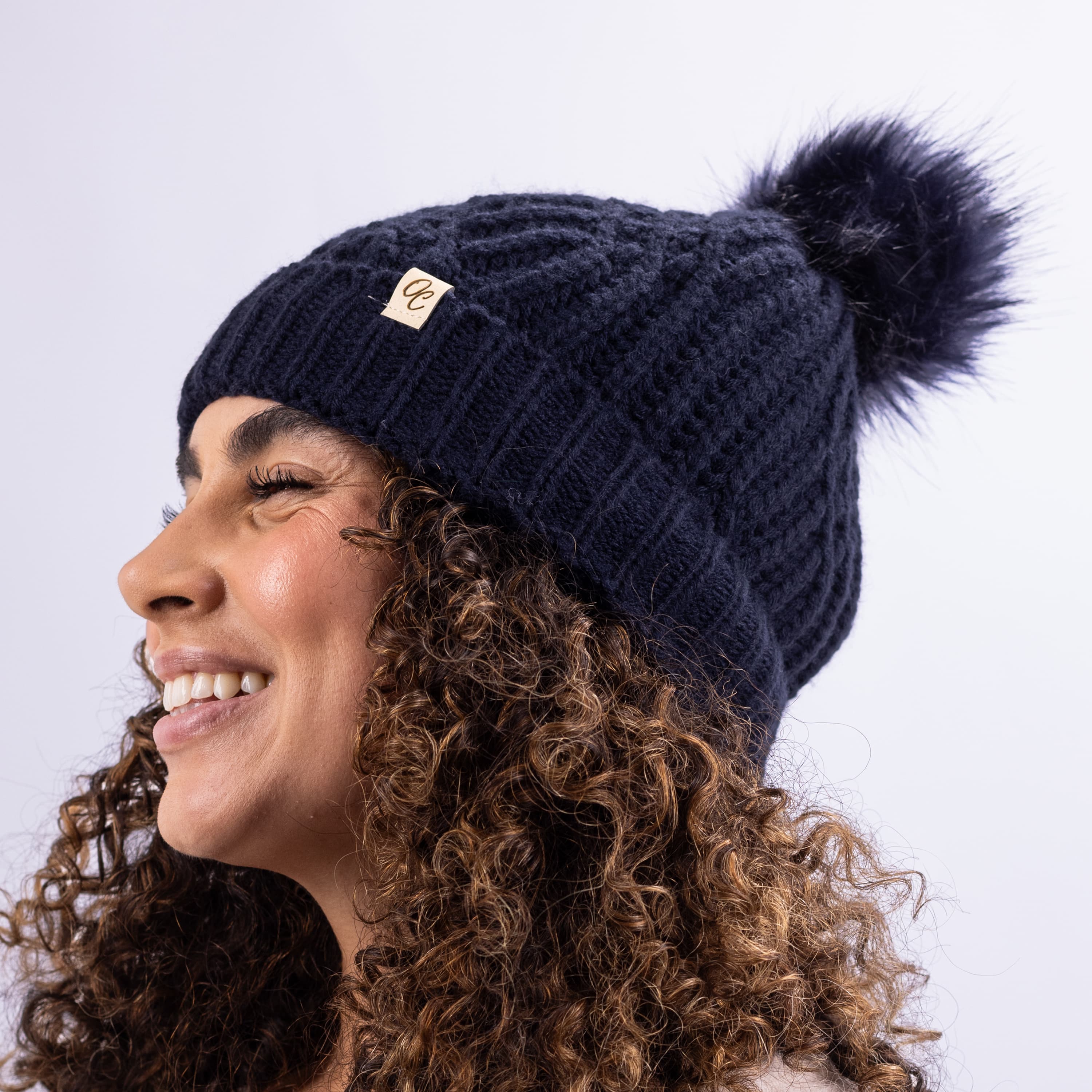 Only Curls Satin Lined Knitted Beanie Hat - Navy with Pom Pom