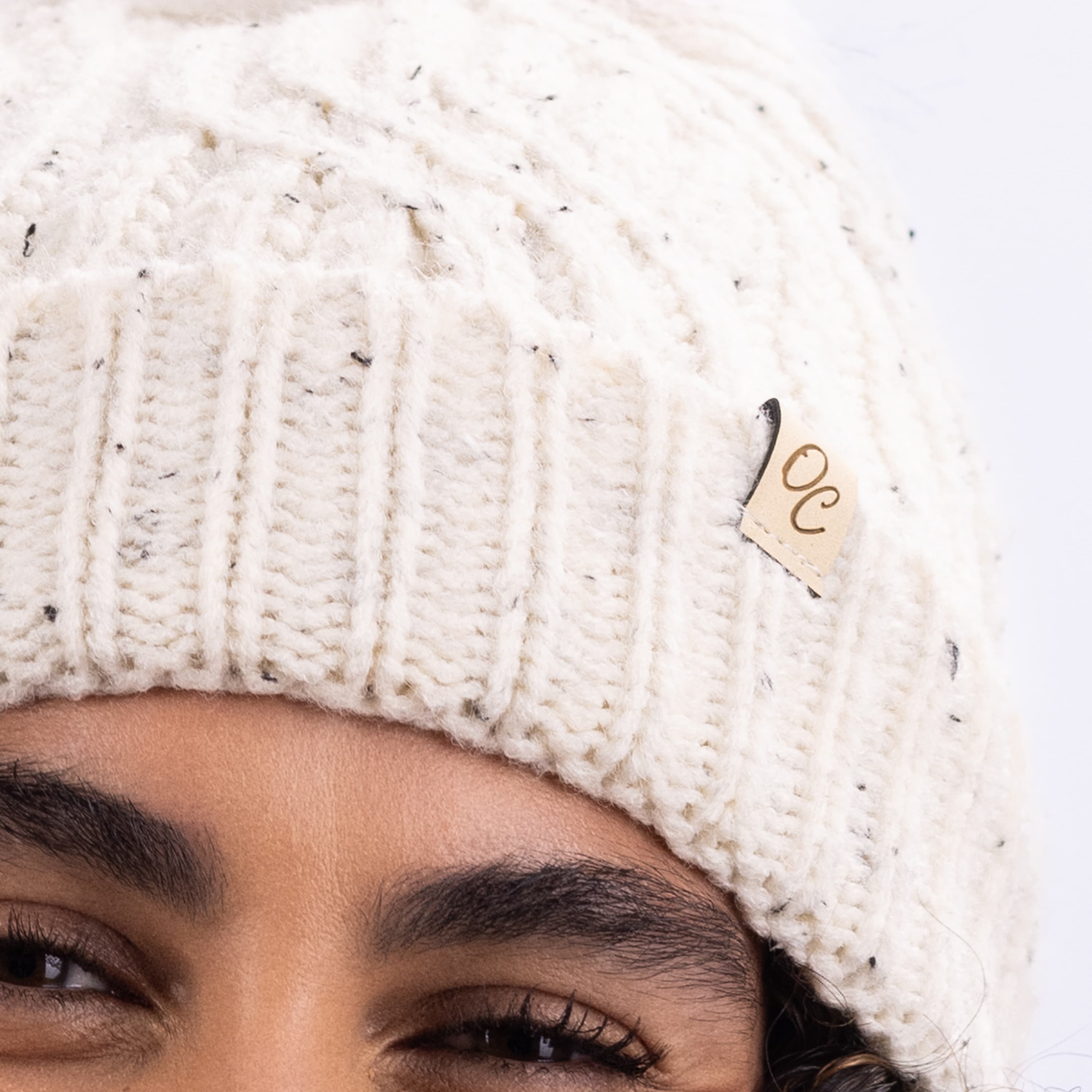 Only Curls Satin Lined Knitted Beanie Hat - Cream Fleck with Pom Pom