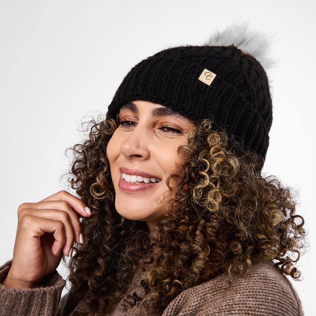 Only Curls Black Cable Knit Satin-Lined Beanie with Pom - Only Curls