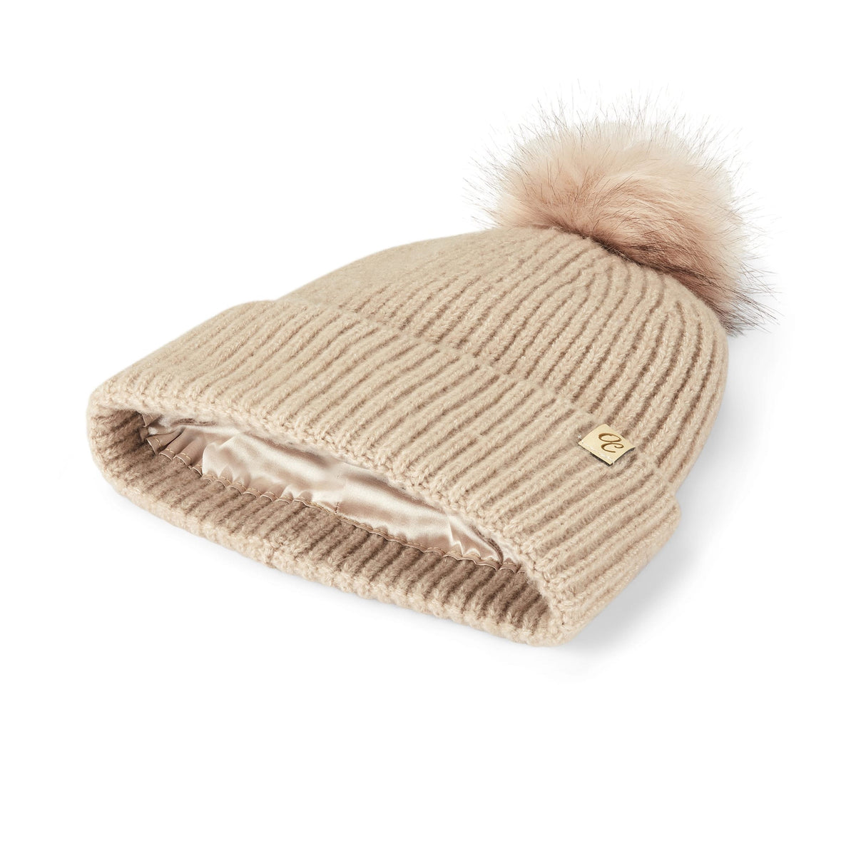 Only Curls Satin Lined Beanie with Pom - Carrie in Sand