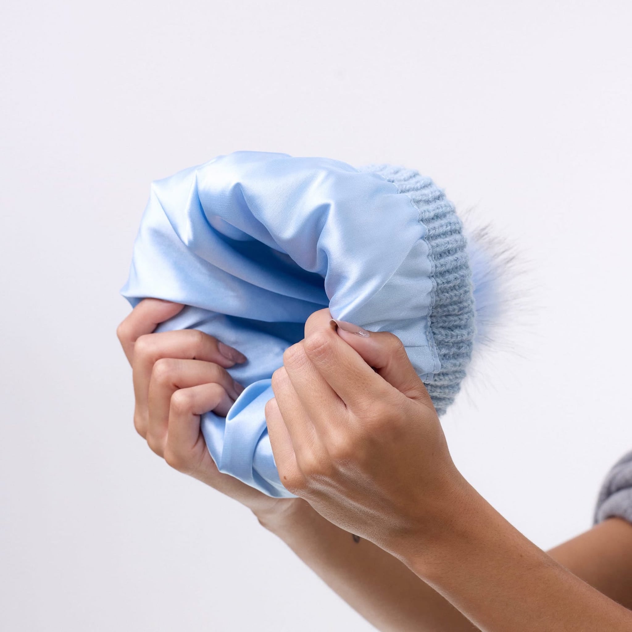Only Curls Satin Lined Beanie with Pom - Carrie in Light Blue - Only Curls