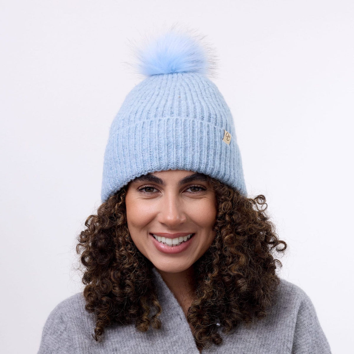 Only Curls Satin Lined Beanie with Pom - Carrie in Light Blue