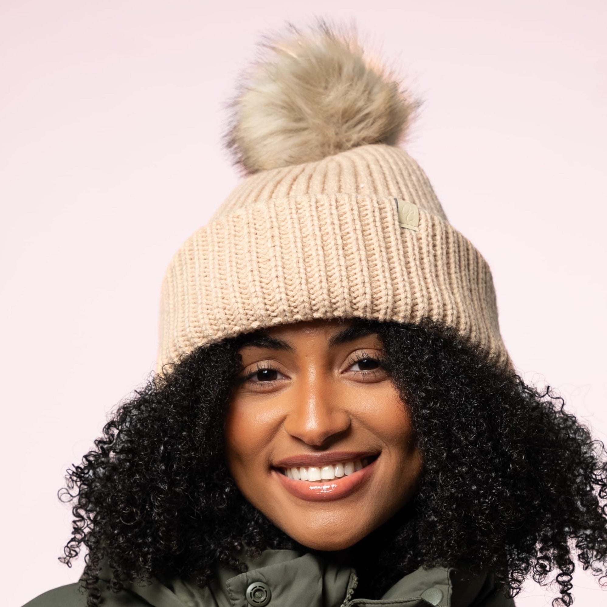 Only Curls Chunky Satin Lined Beanie - Sand with Pom Pom - Only Curls