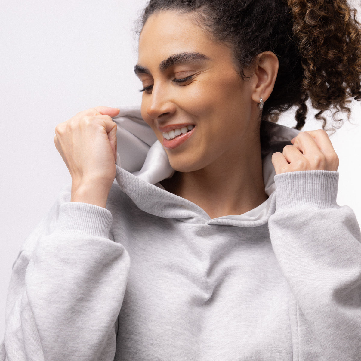 Only Curls Satin Lined Hoodie, Relaxed Fit - Grey Marl