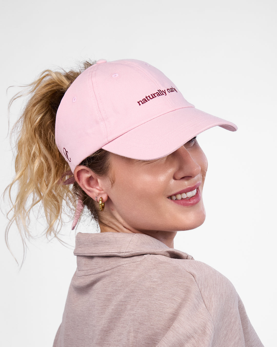 Satin Lined Baseball Hat (open back bow) - Dusty Pink Naturally Curly