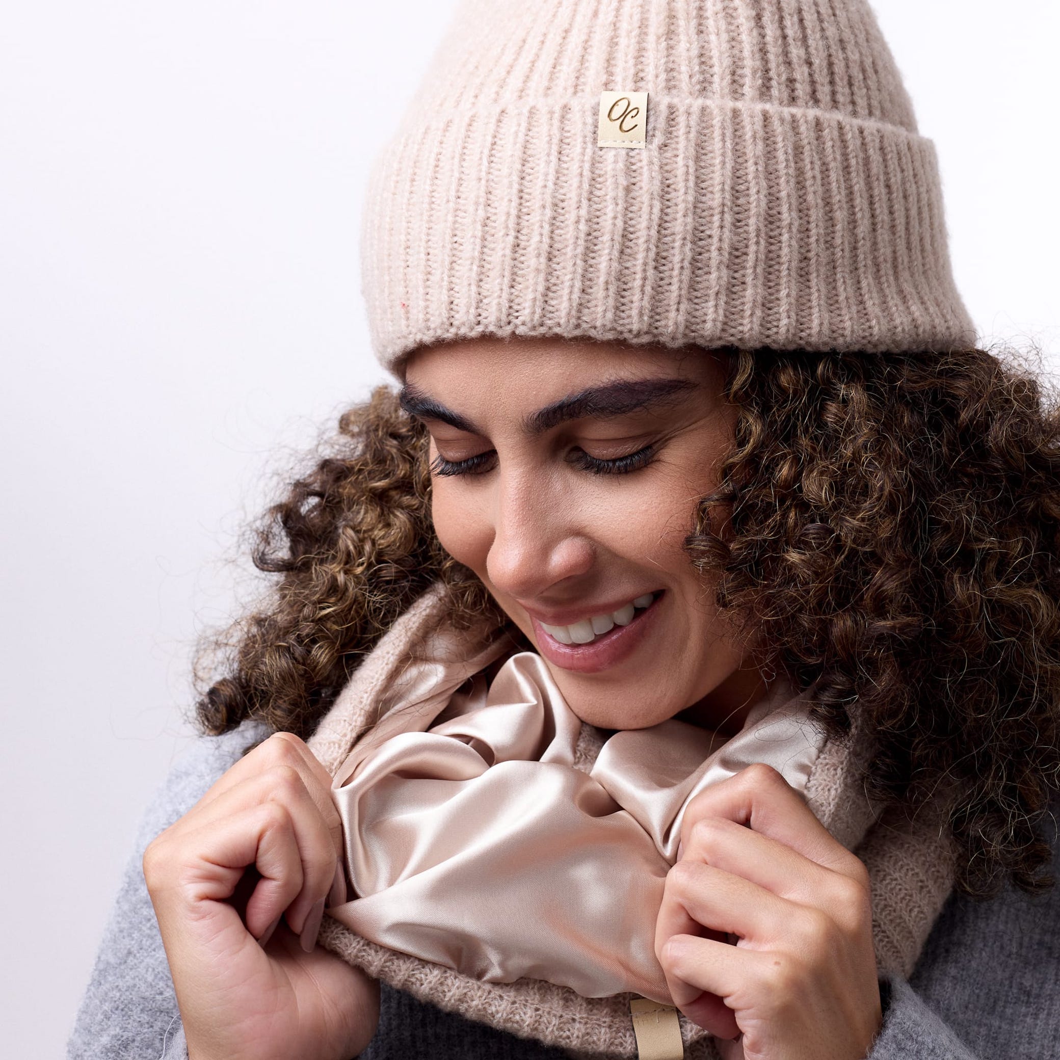 Only Curls Satin Lined Beanie and Snood Set - Sophia in Sand - Only Curls