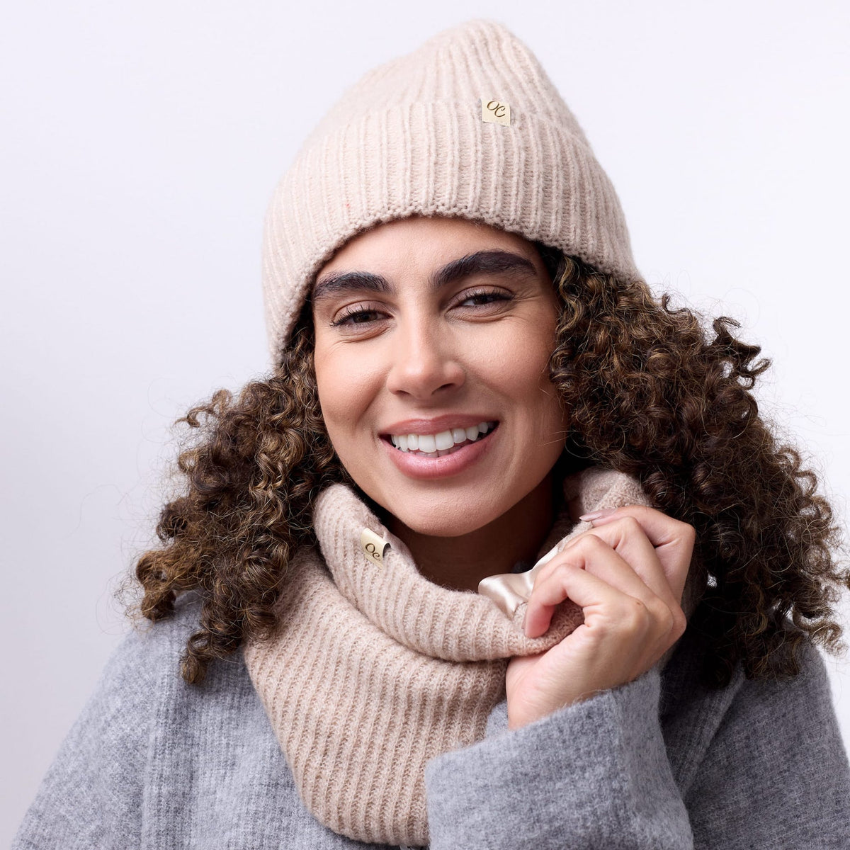 Only Curls Satin Lined Beanie and Snood Set - Sophia in Sand