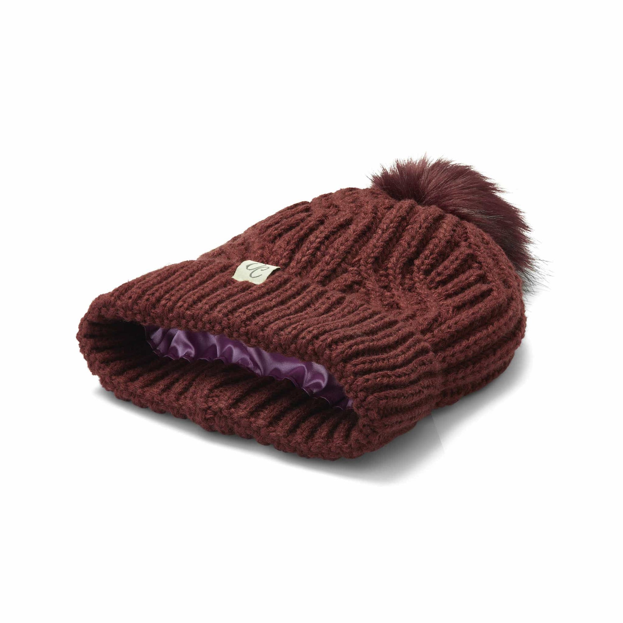Only Curls Satin Lined Knitted Beanie Hat - Burgundy with Pom Pom - Only Curls