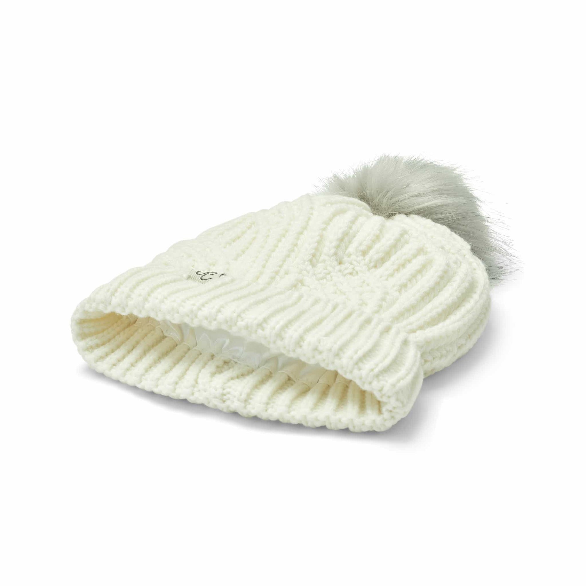 Only Curls Satin Lined Knitted Beanie Hat - Cream with Pom Pom - Only Curls