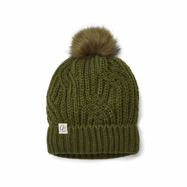 Only Curls Satin Lined Knitted Beanie Hat - Olive with Pom Pom