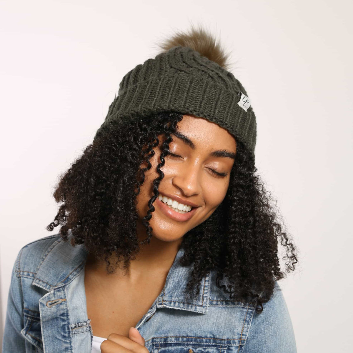 Only Curls Satin Lined Knitted Beanie Hat - Olive with Pom Pom - Only Curls