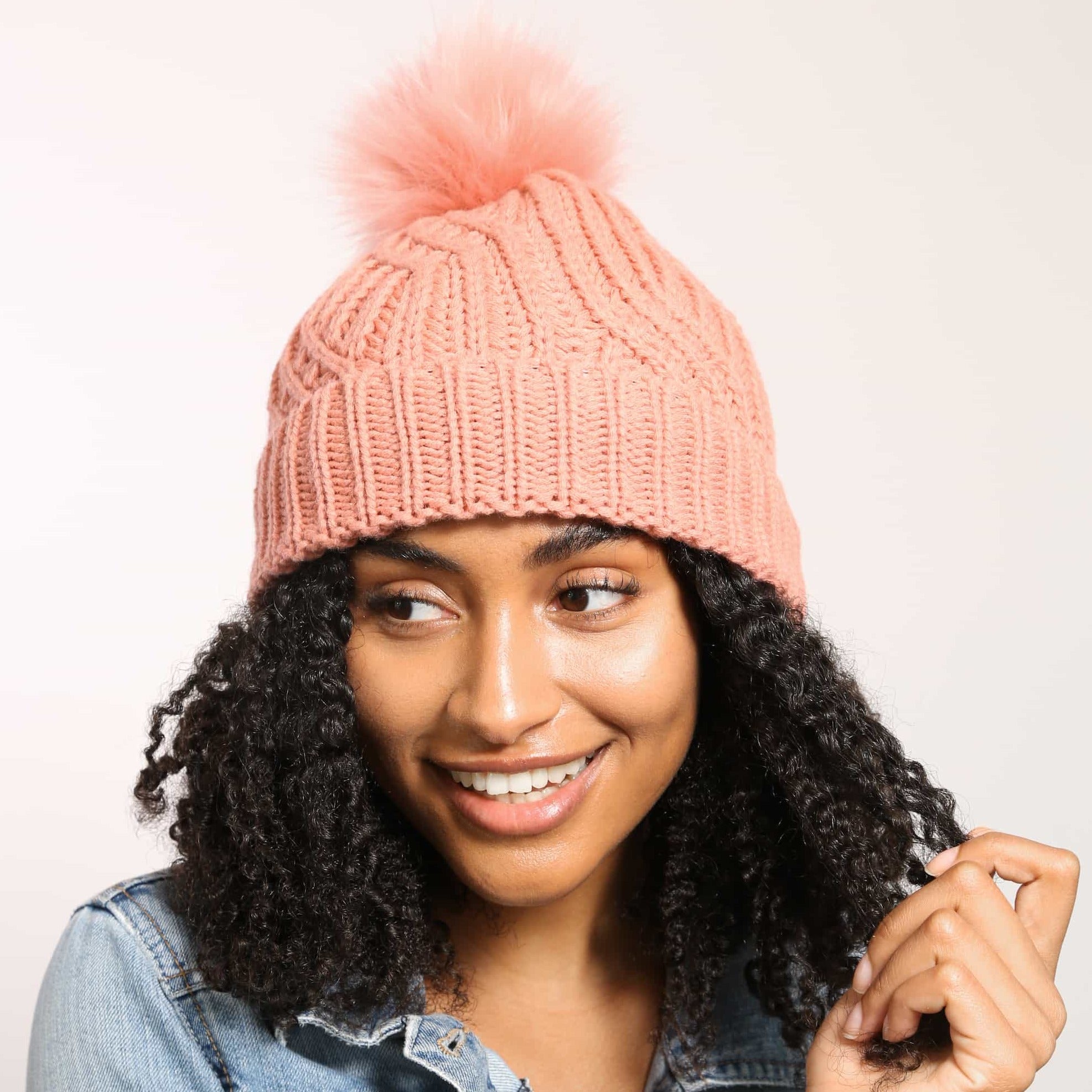Only Curls Satin Lined Knitted Beanie Hat - Dusty Coral with Pom Pom - Only Curls
