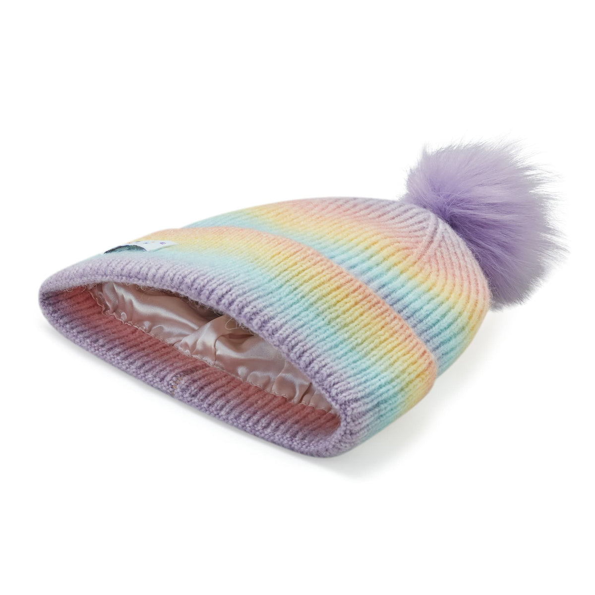 Little Curls Satin Lined Knitted Beanie Hat - Rainbow with Pom Pom - Only Curls