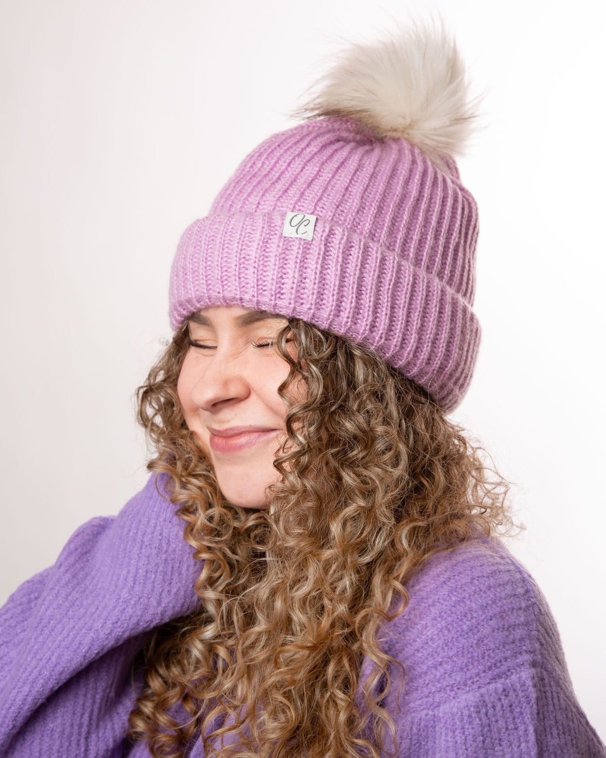 Only Curls Satin Lined Knitted Beanie Hat - Lilac with Pom Pom - Only Curls