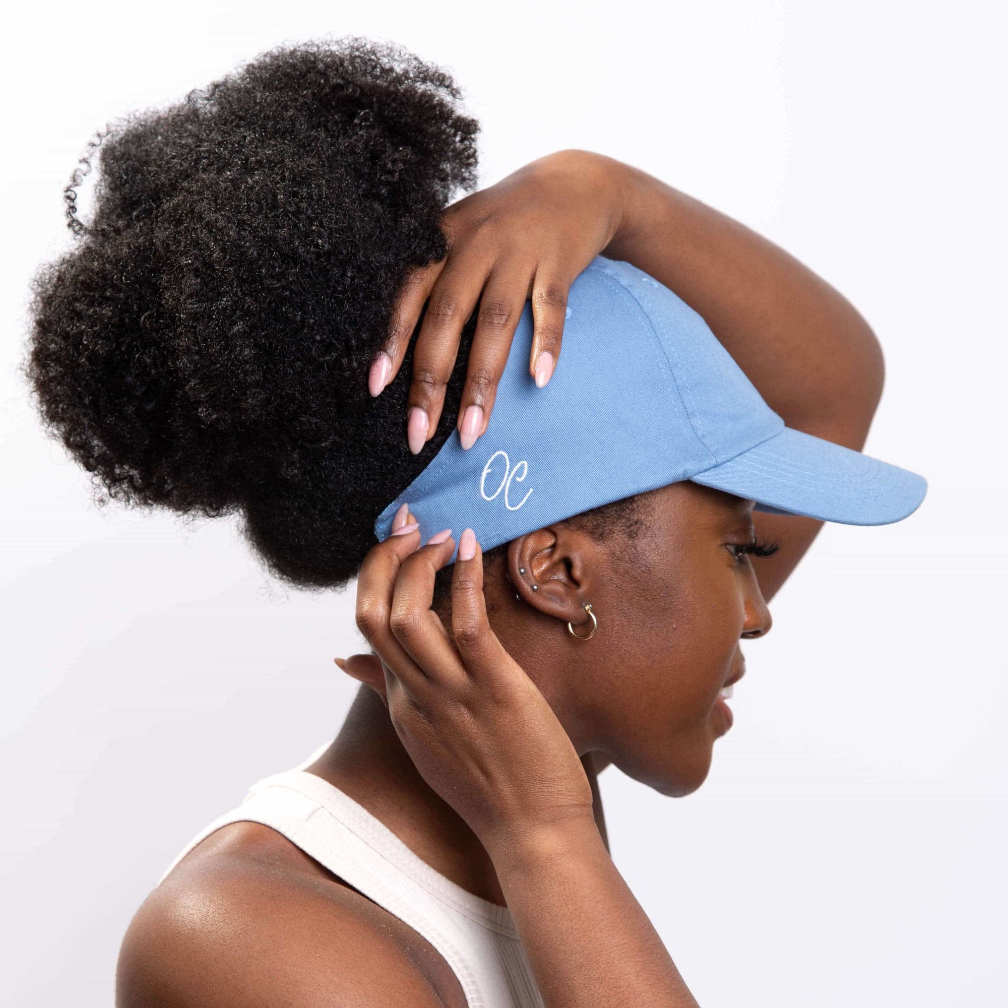 Only Curls Baseball Hat side view with OC logo