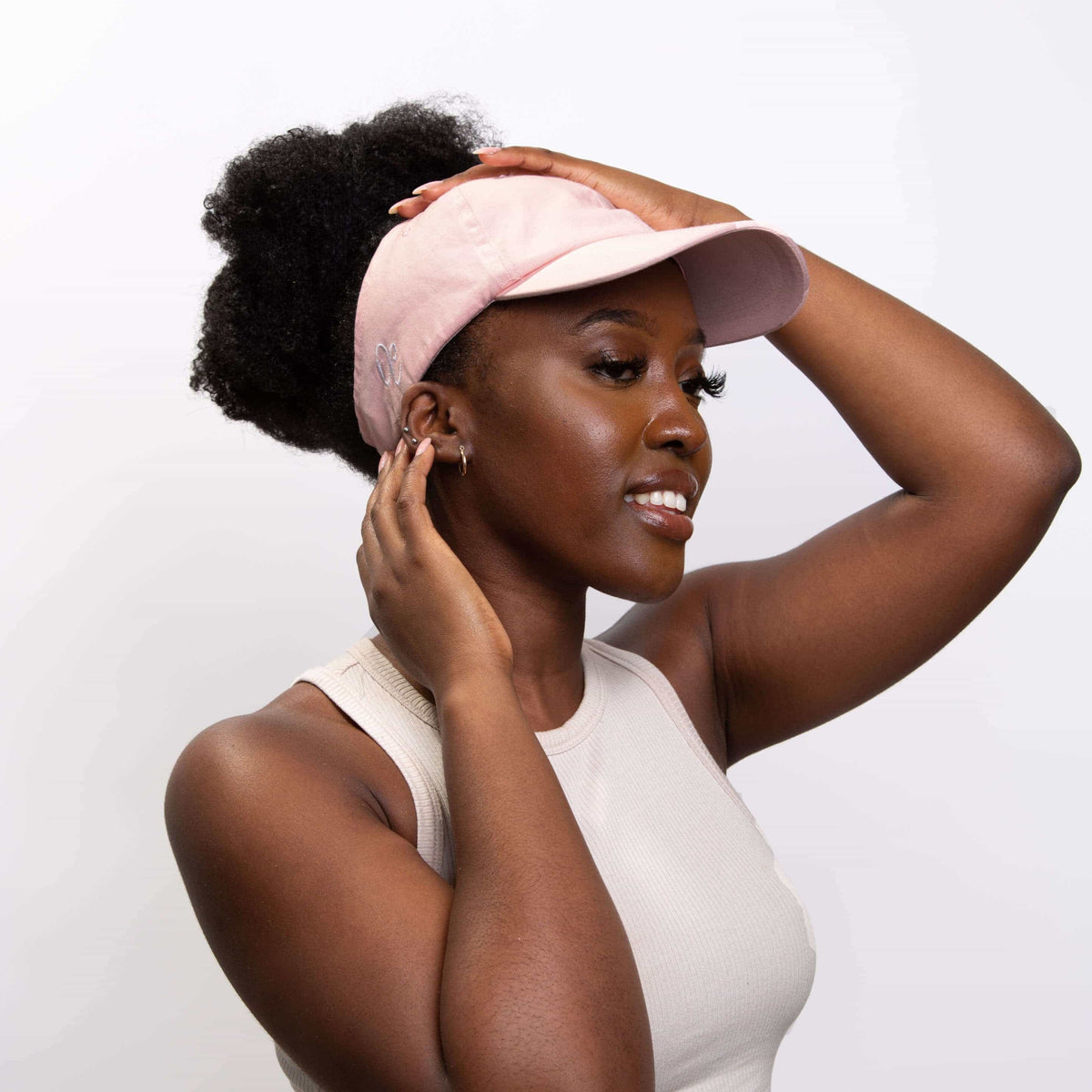 Only Curls Baseball hat with open back - curly girl touching her curls
