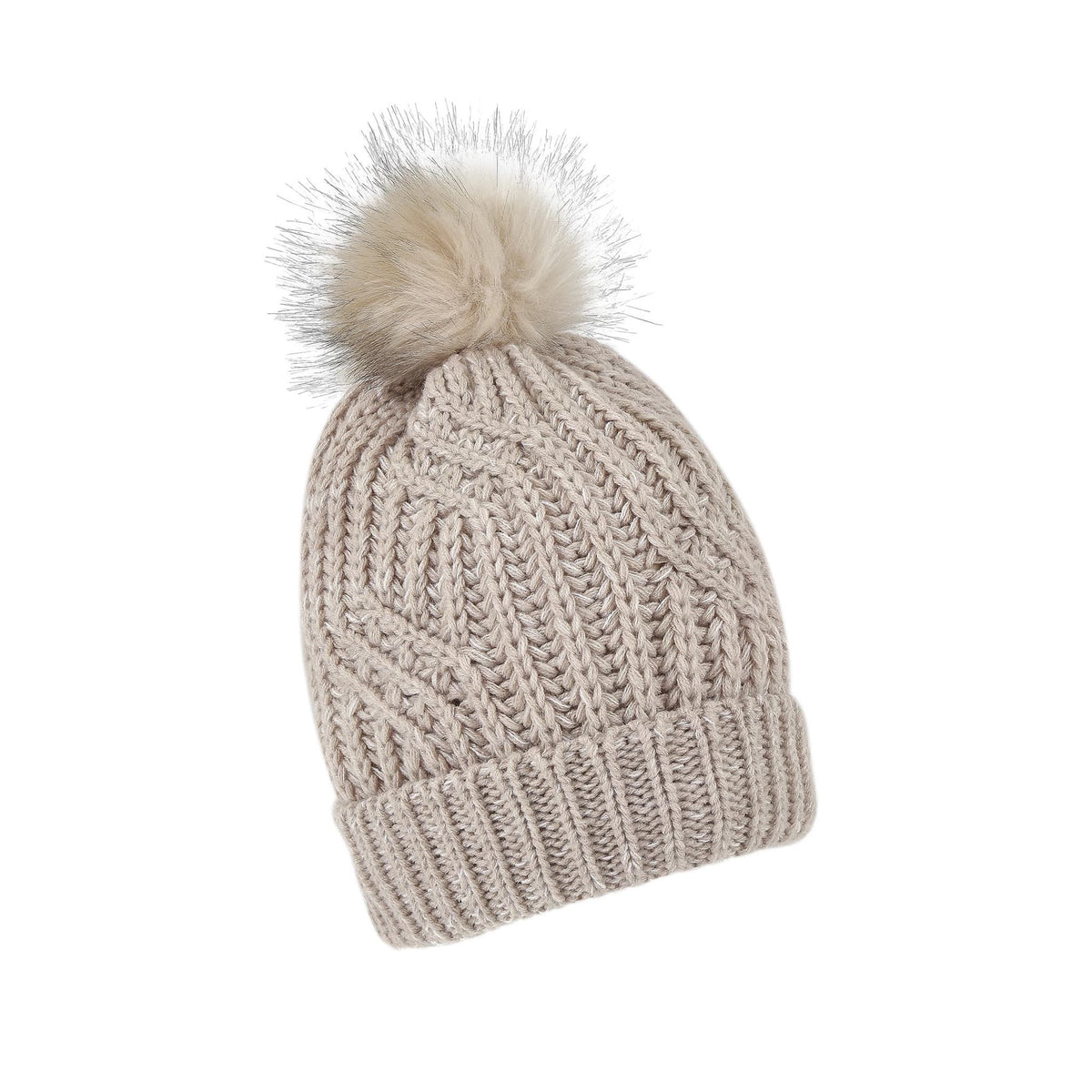 Only Curls Satin Lined Knitted Beanie Hat - Sand Melange with Pom Pom - Only Curls