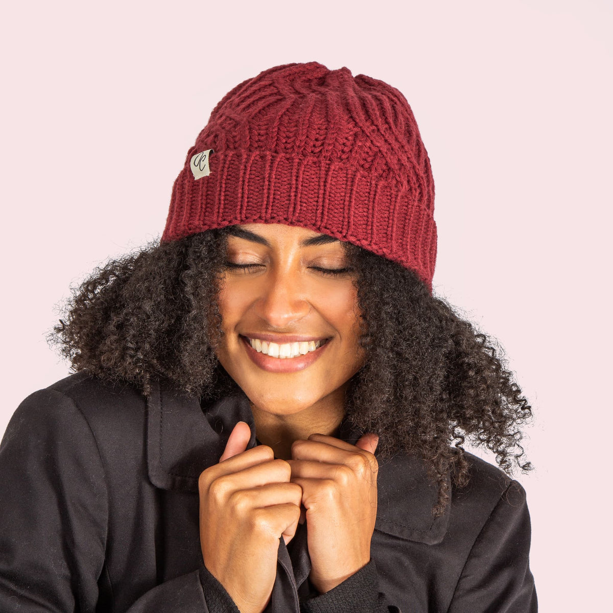 Only Curls Satin Lined Knitted Beanie Hat - Burgundy - Only Curls