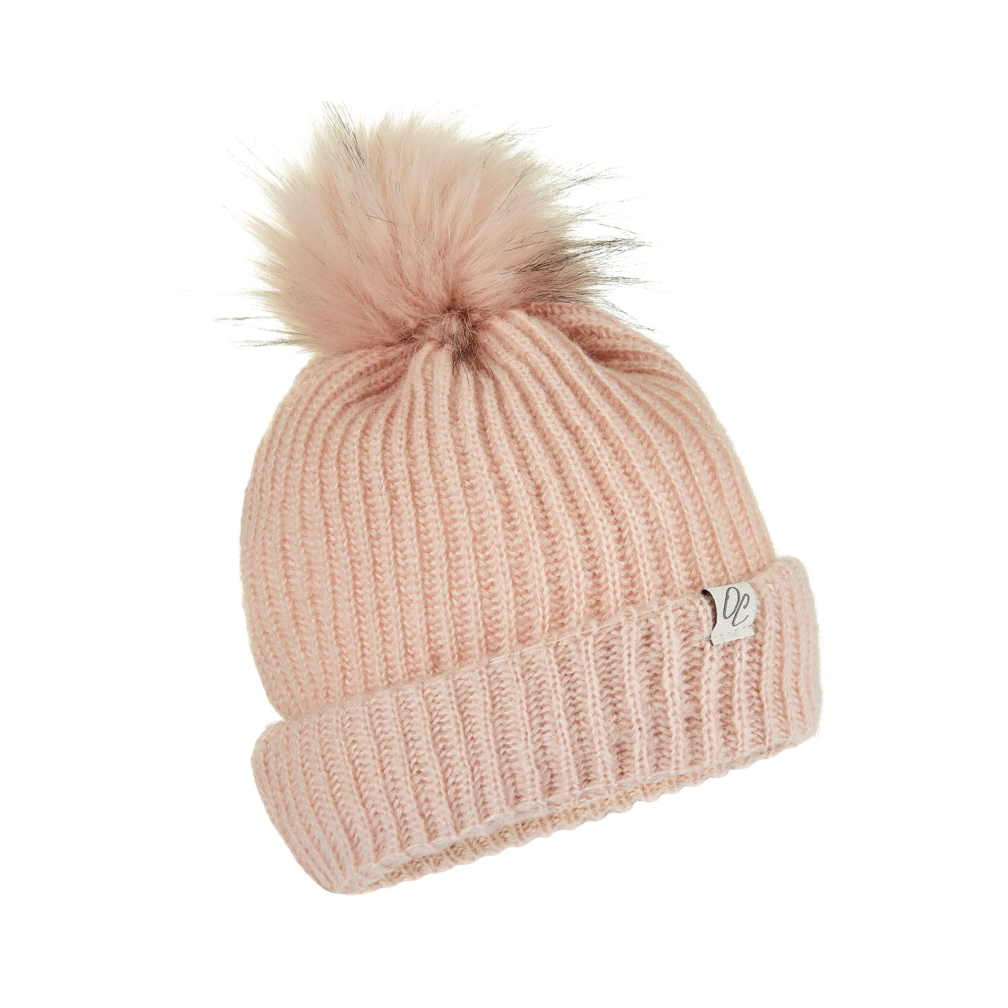 Only Curls Pink Satin Lined Knitted Beanie Hat with pom pom and showing the lining